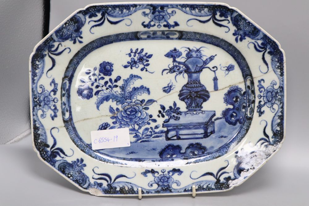 A Chinese vase with deer handles, height 29cm, a Chinese export blue and white plate and a tureen